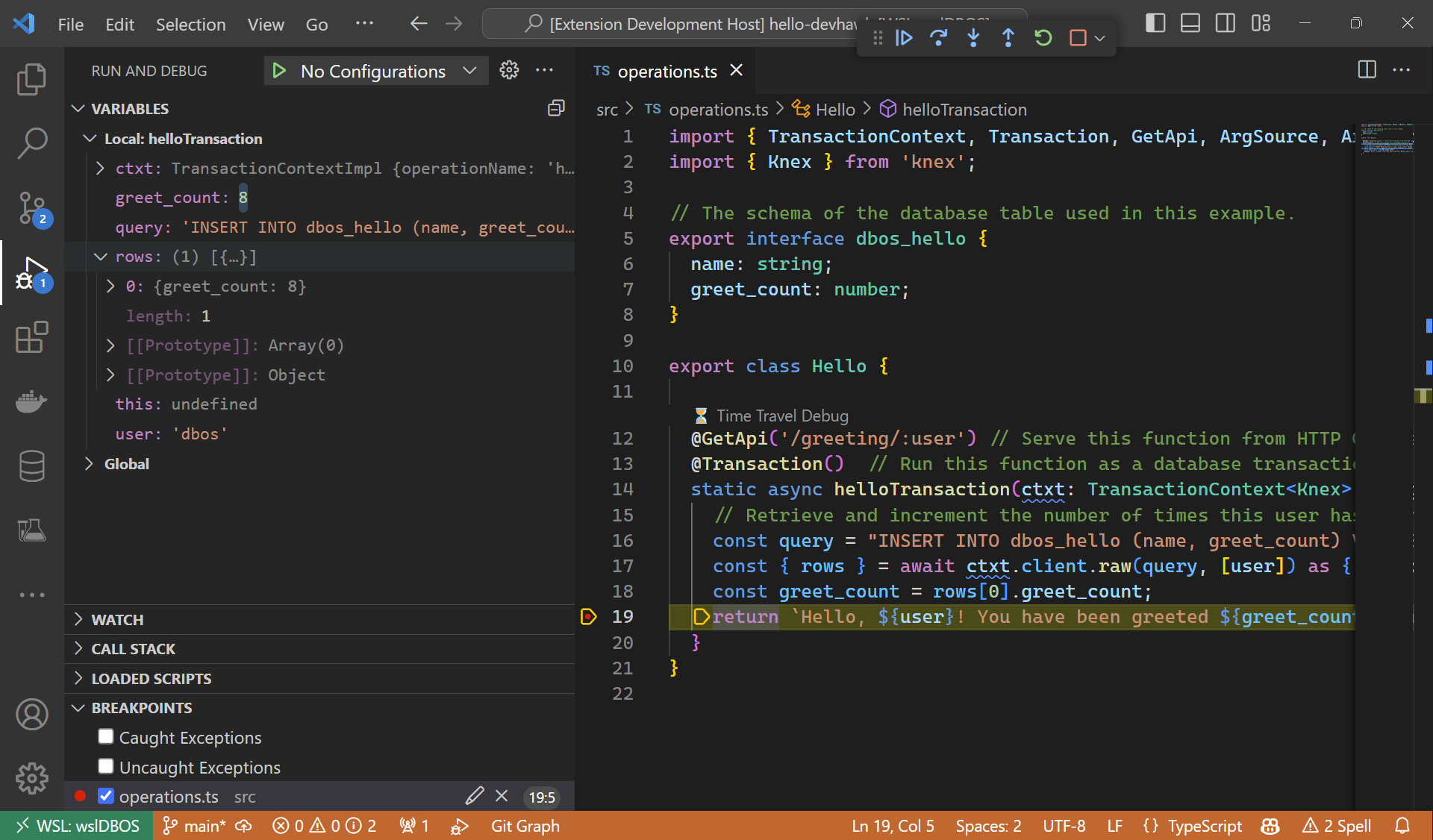VS Code paused at a breakpoint in a DBOS TypeScript helloTransaction function via a Time Travel Debug link, showing replayed local variables such as greet_count