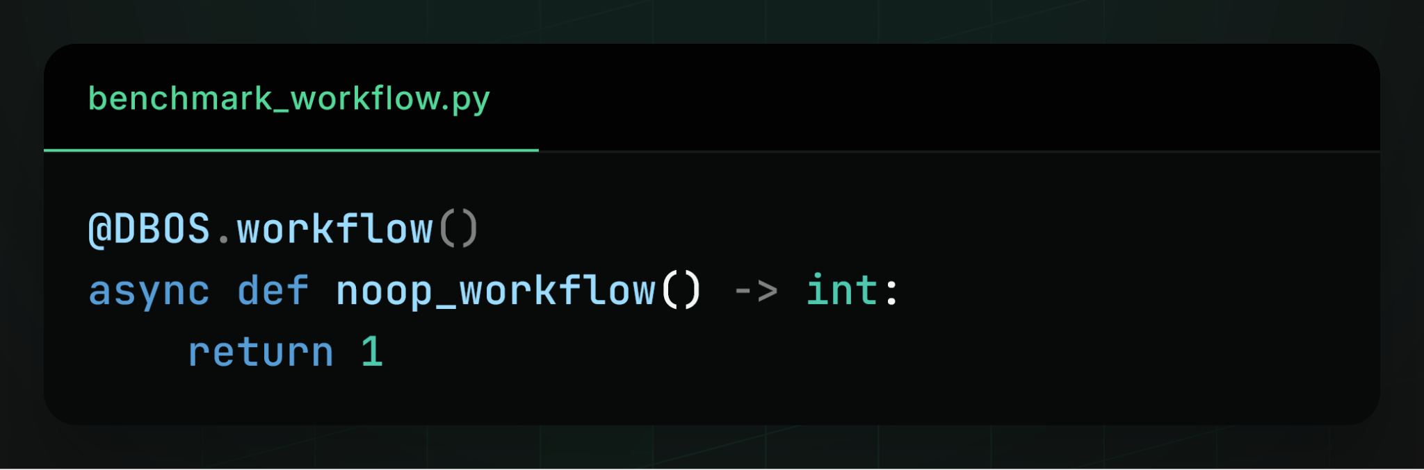 Python code: a DBOS no-op workflow, an async function decorated with @DBOS.workflow that simply returns 1