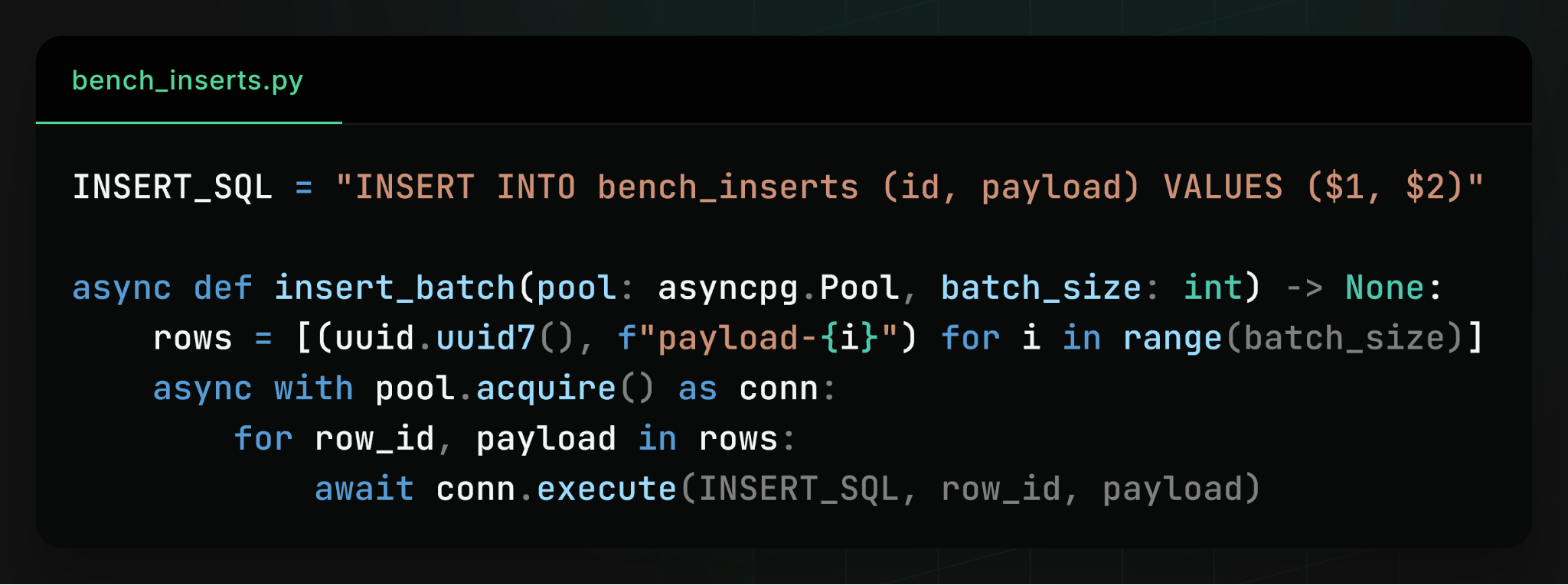 Python code: an async asyncpg function that generates UUIDv7 rows and inserts each one with a separate INSERT statement