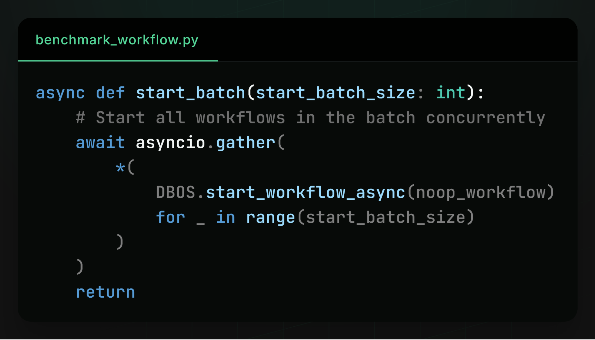 Python code: starts a batch of noop_workflow instances concurrently with DBOS.start_workflow_async inside asyncio.gather