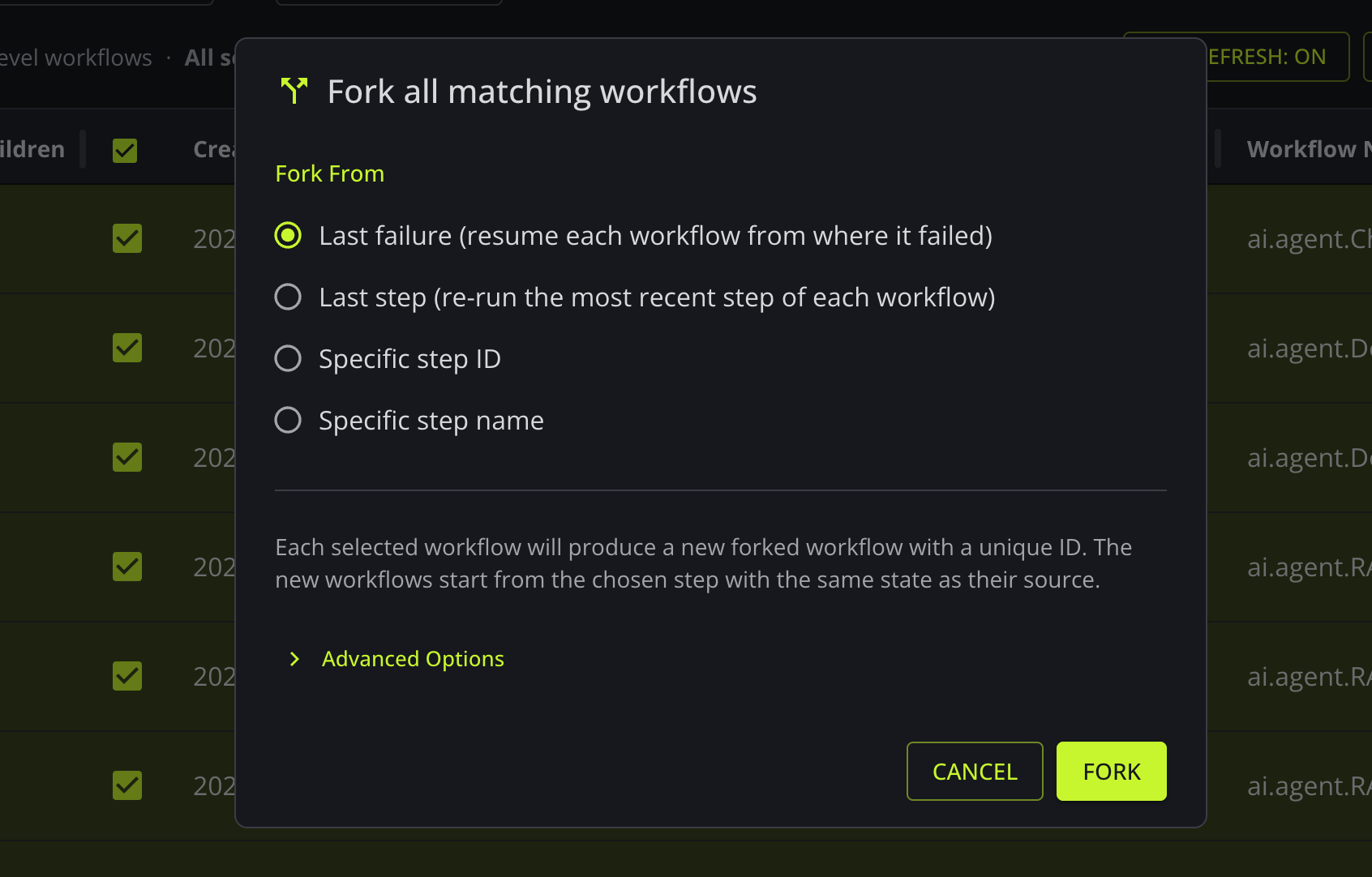 DBOS Conductor 'Fork all matching workflows' dialog over a list of selected workflows, with fork-from options: last failure, last step, specific step ID, or specific step name