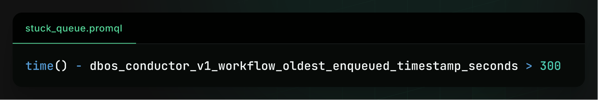 PromQL alert expression that fires when the oldest enqueued workflow has been waiting more than 300 seconds