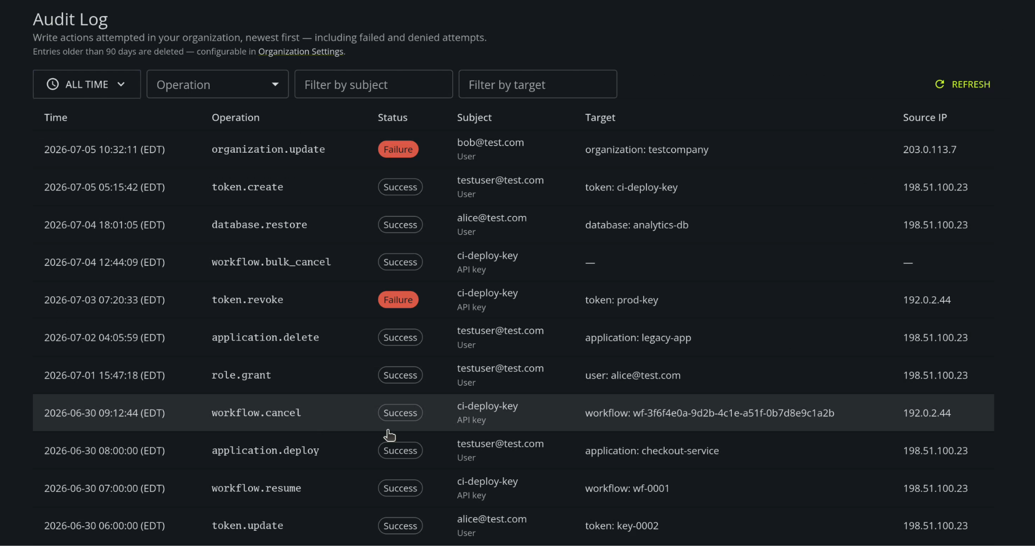 DBOS Conductor audit logging dashboard screenshot